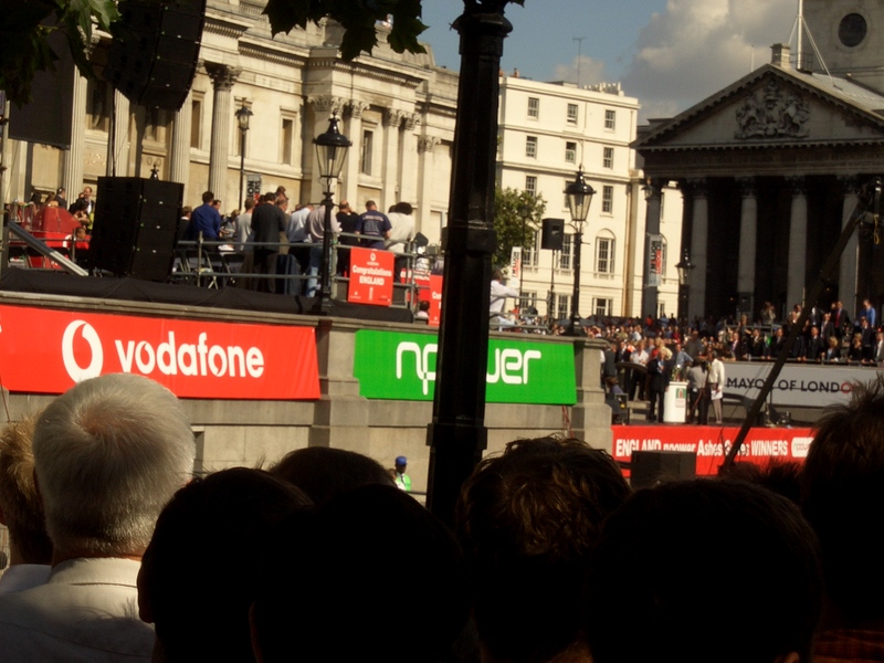 Crowds and stage in Trafalgar Square